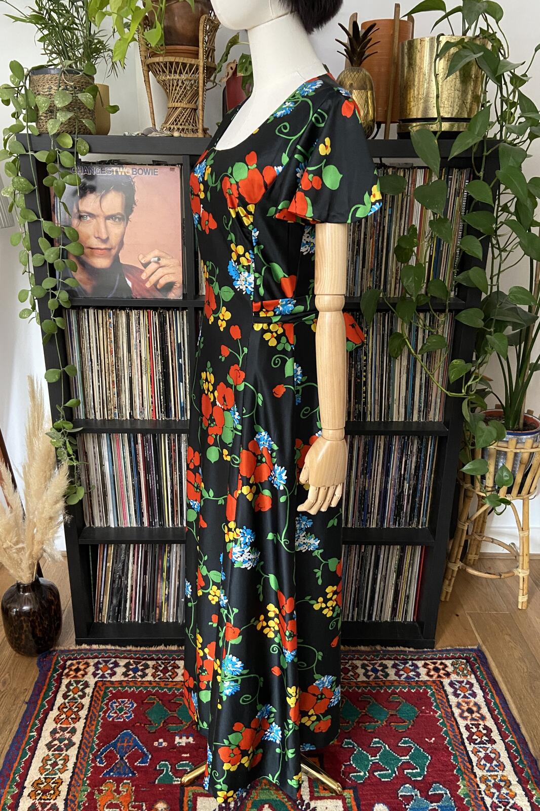 Vintage 1970s Black Floral Maxi Dress