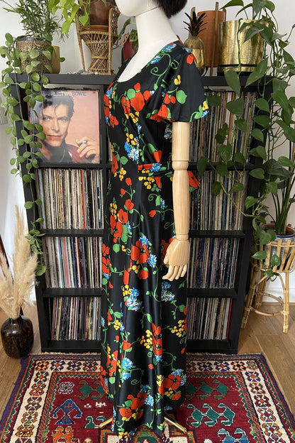 Vintage 1970s Black Floral Maxi Dress