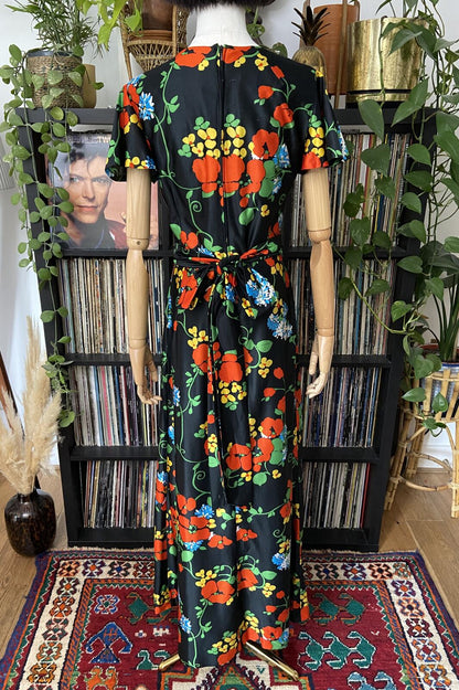 Vintage 1970s Black Floral Maxi Dress