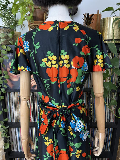 Vintage 1970s Black Floral Maxi Dress