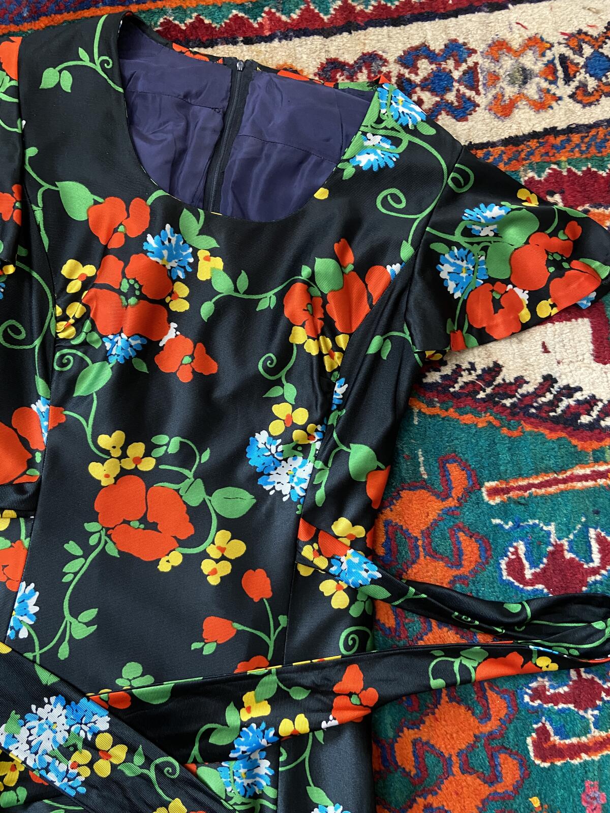Vintage 1970s Black Floral Maxi Dress