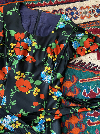 Vintage 1970s Black Floral Maxi Dress