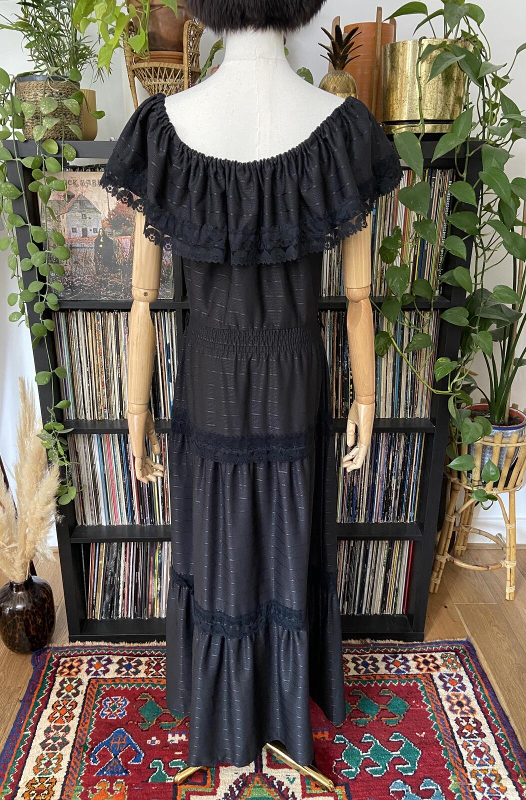 Vintage 1980s Black C&A Prairie Maxi Dress