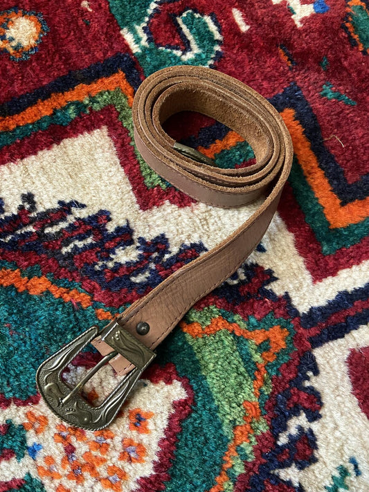 Vintage Brown & Brass Skinny Western Belt