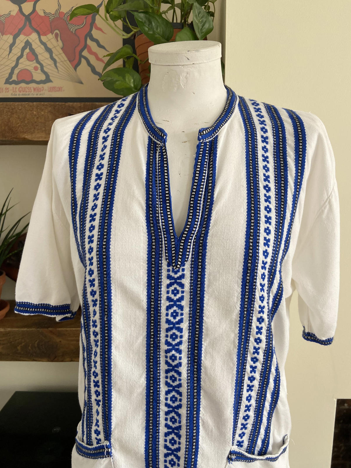 Vintage Blue White Embroidered Greek Blouse