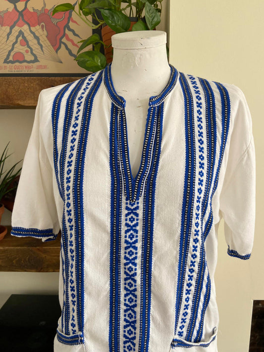 Vintage Blue White Embroidered Greek Blouse
