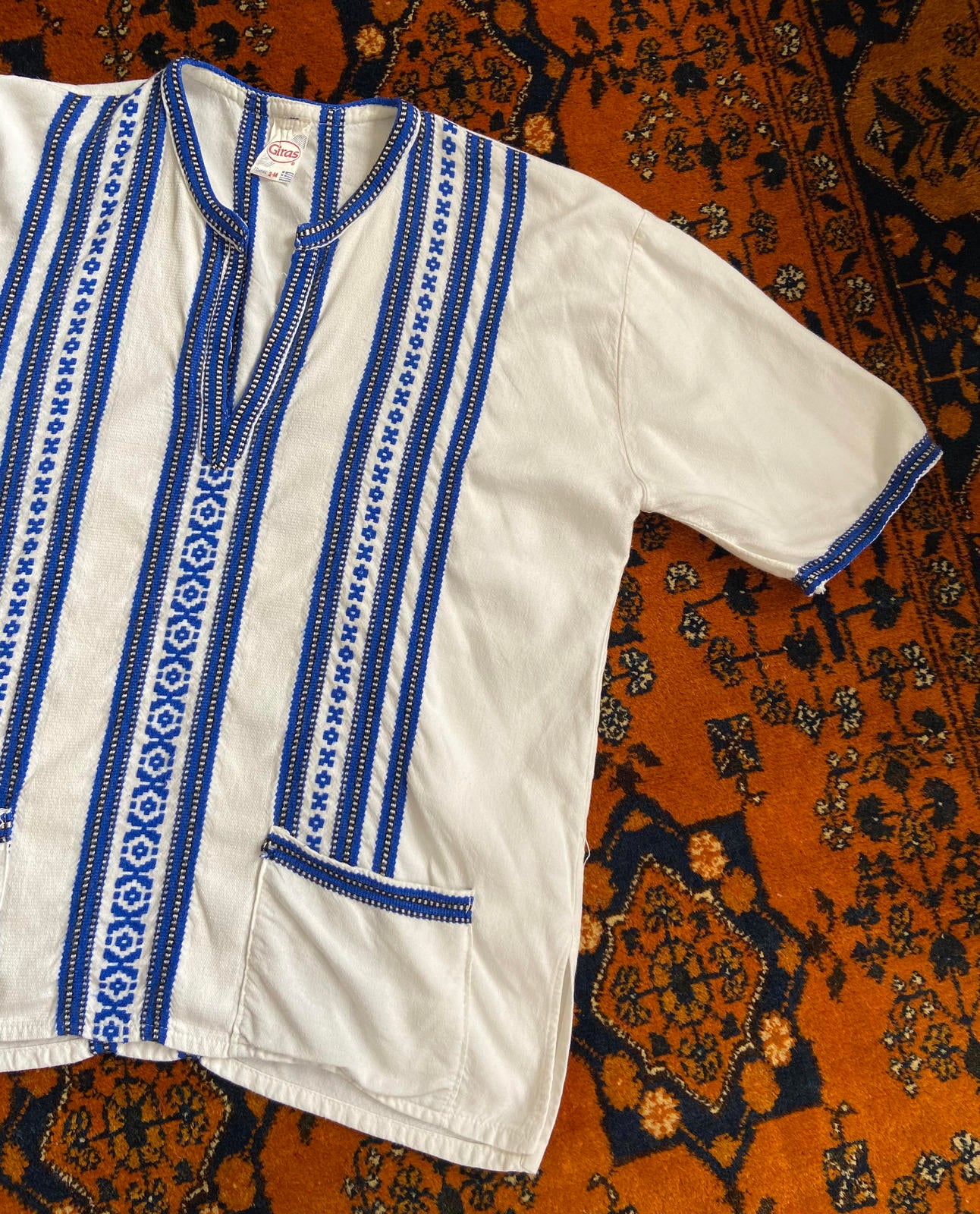 Vintage Blue White Embroidered Greek Blouse