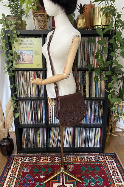 Vintage 1970s Brown Moroccan Tooled Crossbody Bag