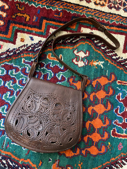 Vintage 1970s Brown Moroccan Tooled Crossbody Bag