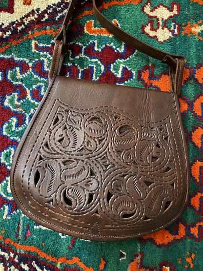 Vintage 1970s Brown Moroccan Tooled Crossbody Bag