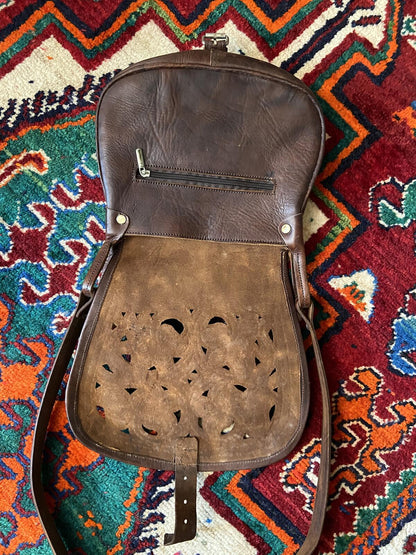 Vintage 1970s Brown Moroccan Tooled Crossbody Bag