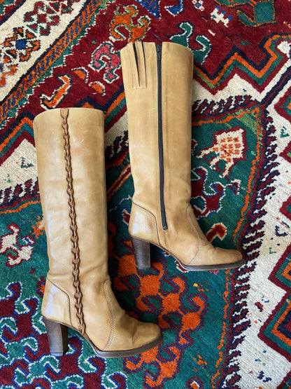 Vintage 1970s Beige Knee High Campus Boots UK 4.5 - 5
