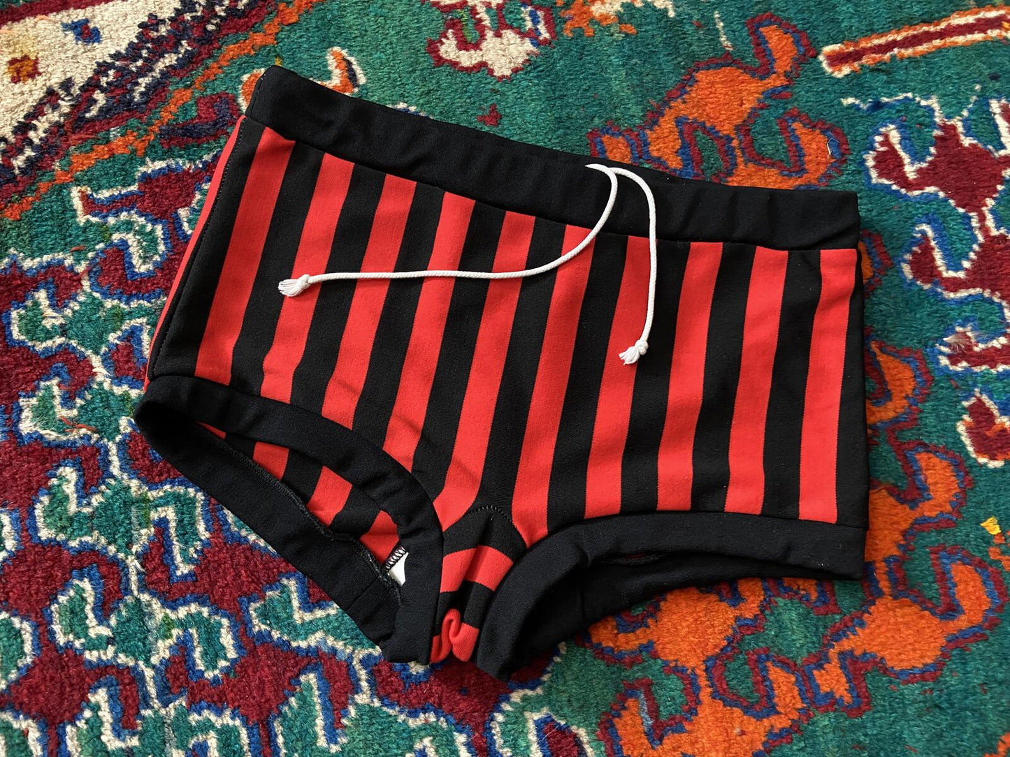 Vintage 1970s Black & Red Striped Swim Shorts