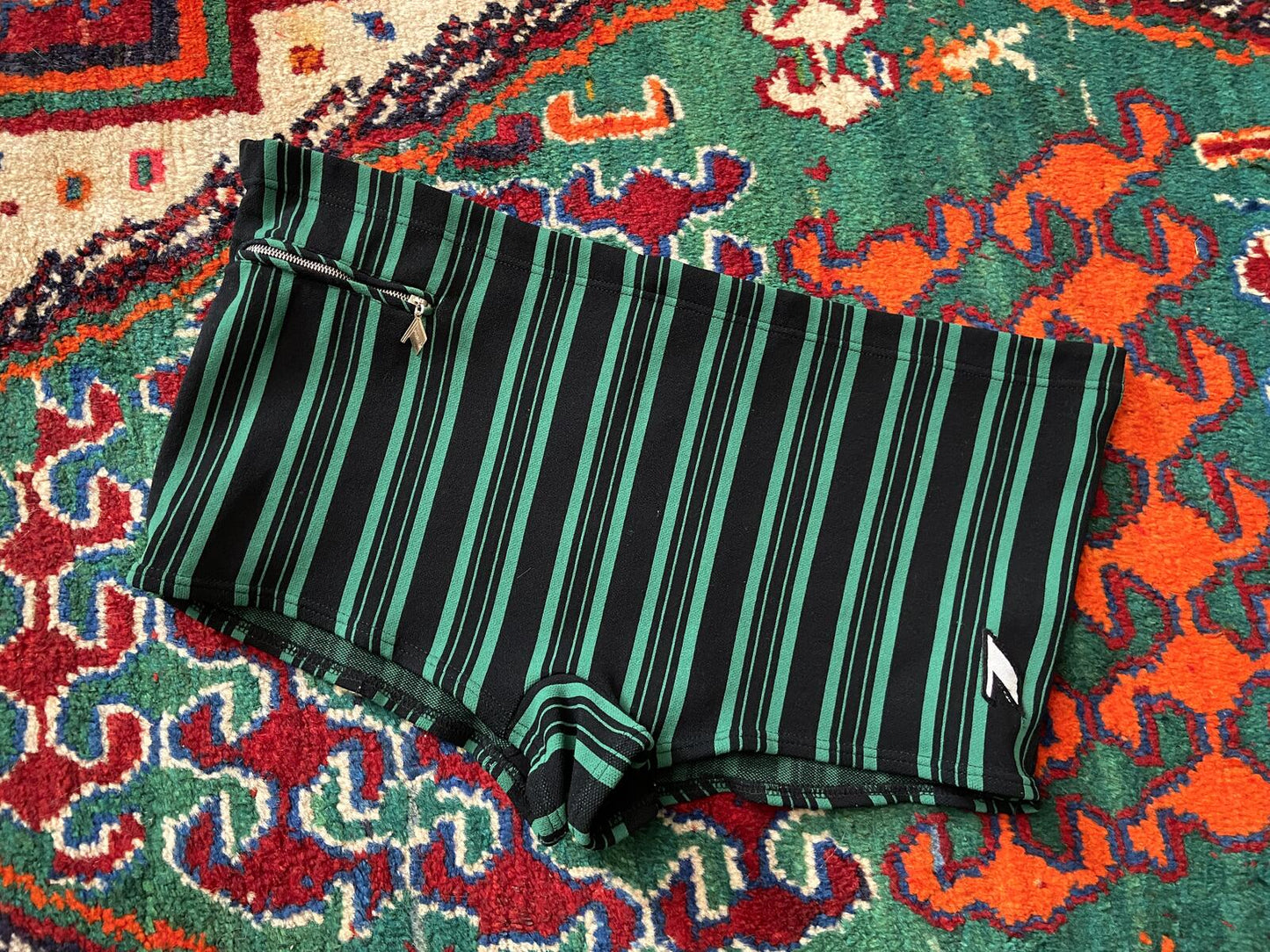 Vintage 1970s Black & Green Striped Swim Shorts