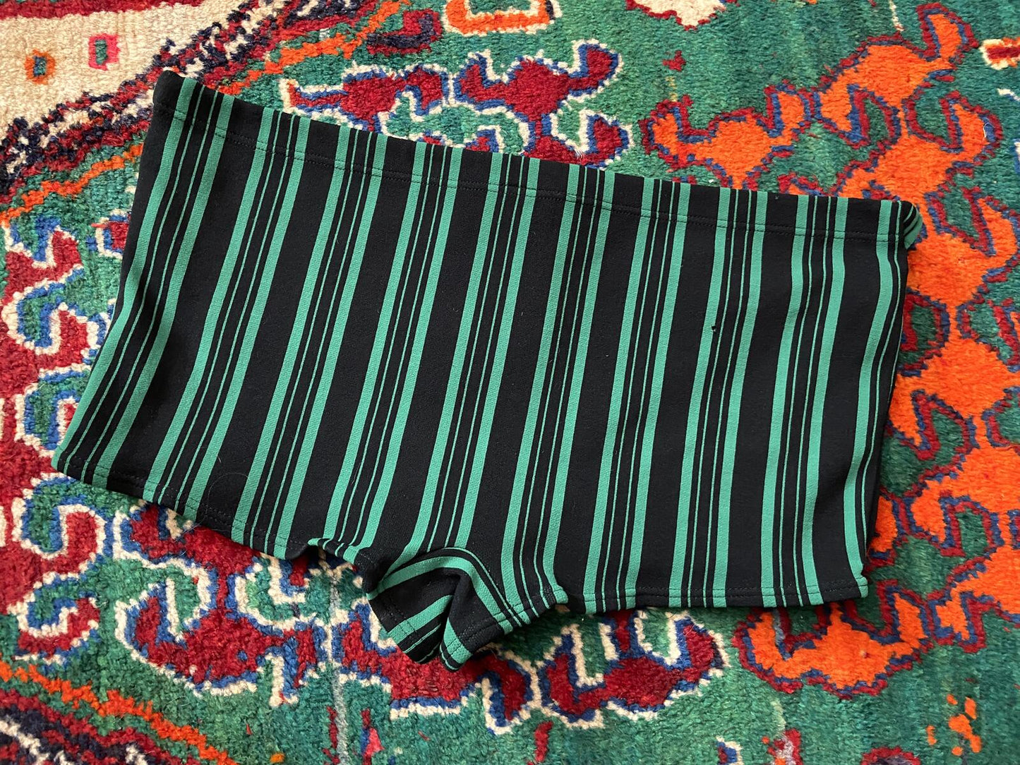Vintage 1970s Black & Green Striped Swim Shorts