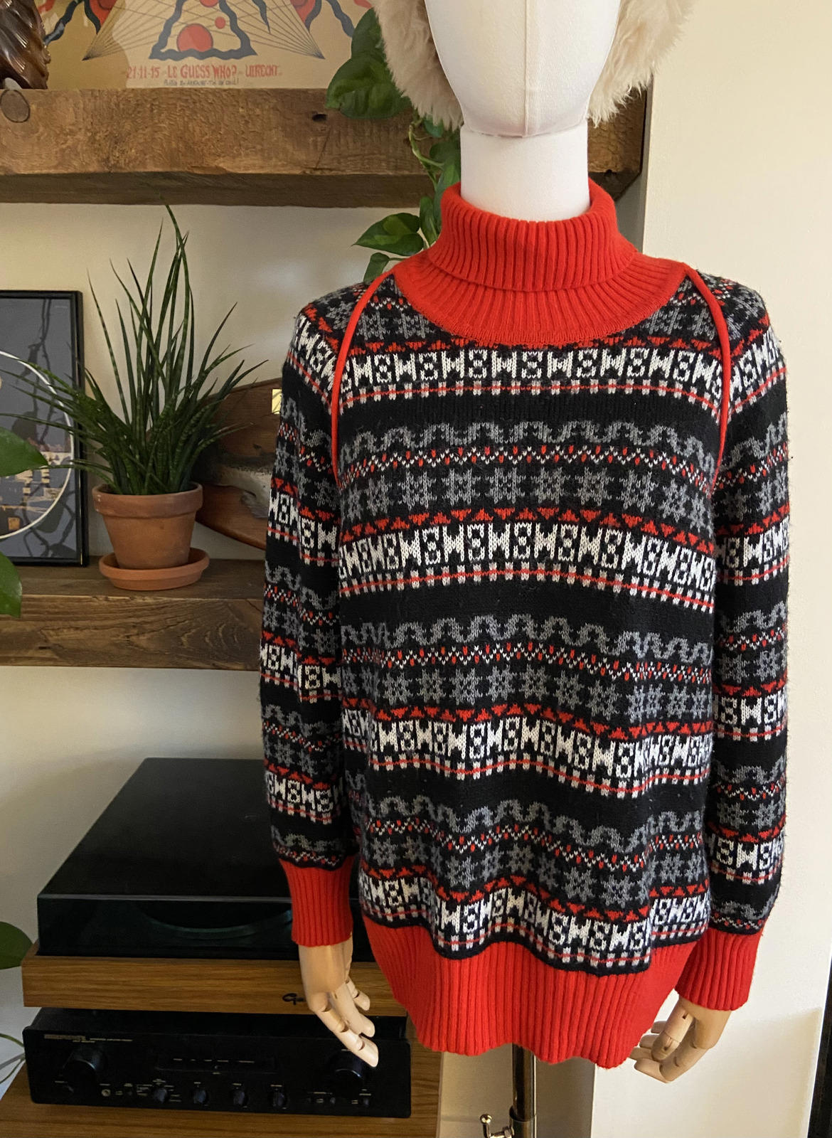 Vintage Red Printed Turtleneck Jumper