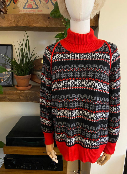 Vintage Red Printed Turtleneck Jumper