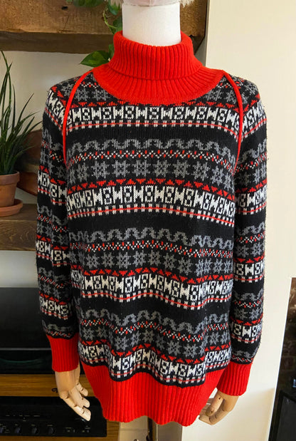 Vintage Red Printed Turtleneck Jumper