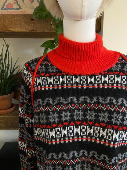 Vintage Red Printed Turtleneck Jumper