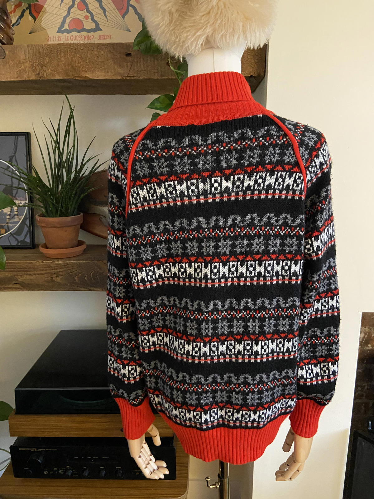 Vintage Red Printed Turtleneck Jumper