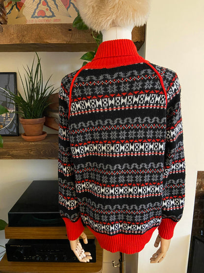 Vintage Red Printed Turtleneck Jumper