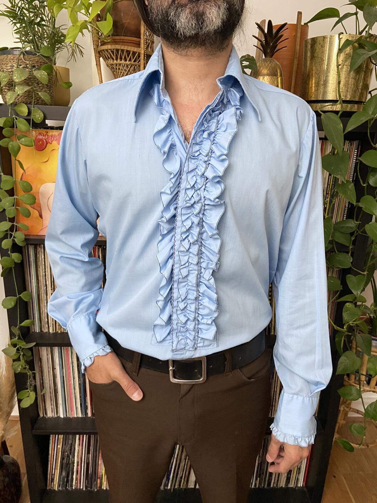 Vintage 1970s Blue After Six Ruffle Shirt