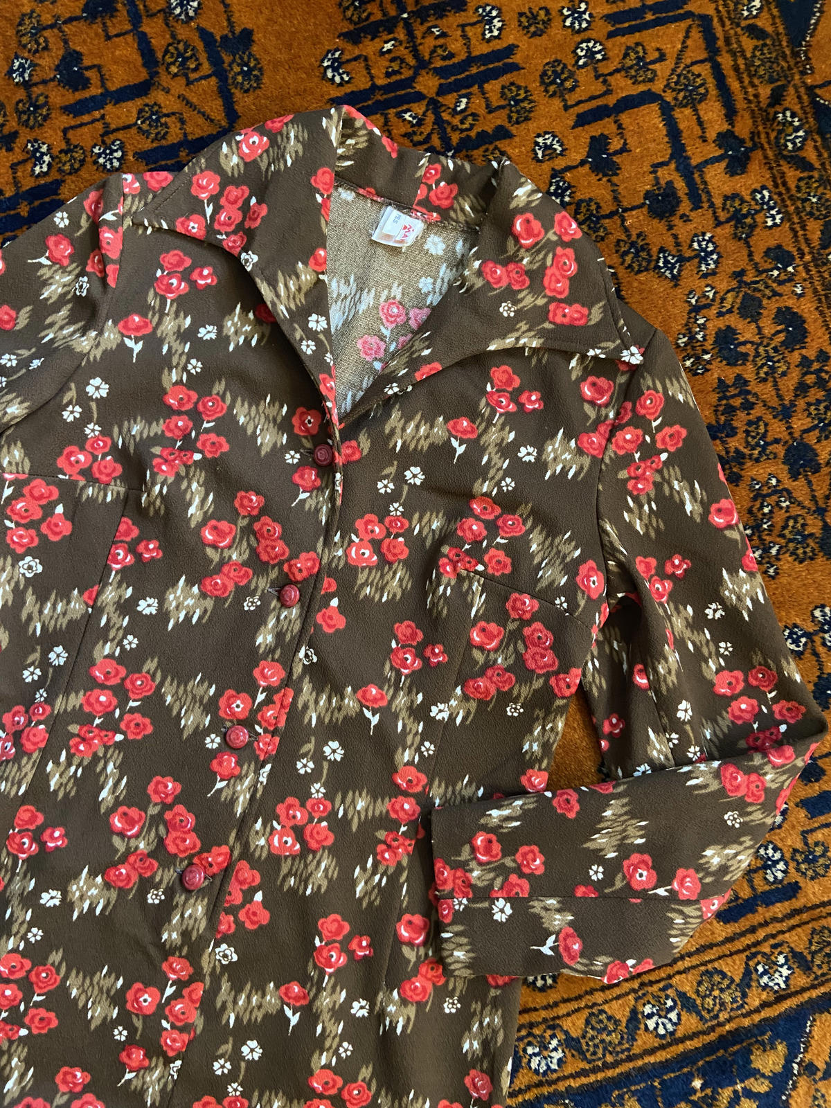 Vintage 1970s Brown Red Dagger Collar Dress