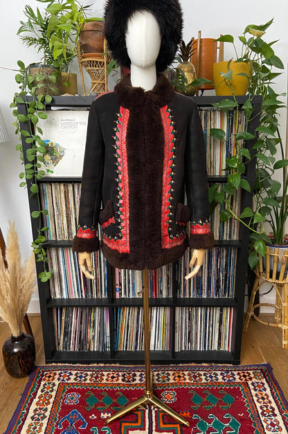 Vintage 1970s Brown Embroidered Polish Afghan Coat