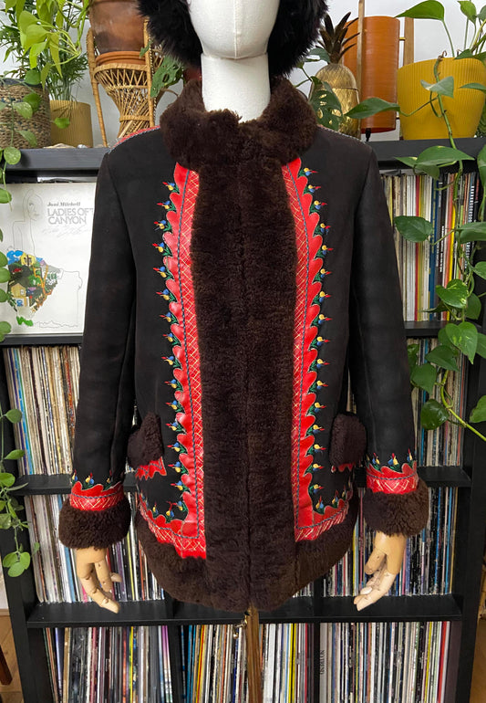 Vintage 1970s Brown Embroidered Polish Afghan Coat
