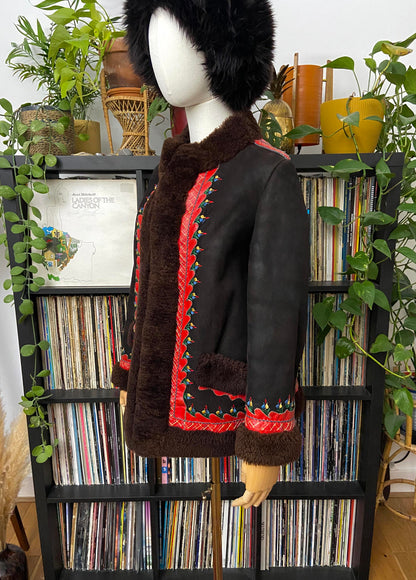 Vintage 1970s Brown Embroidered Polish Folk Coat