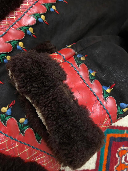 Vintage 1970s Brown Embroidered Polish Folk Coat