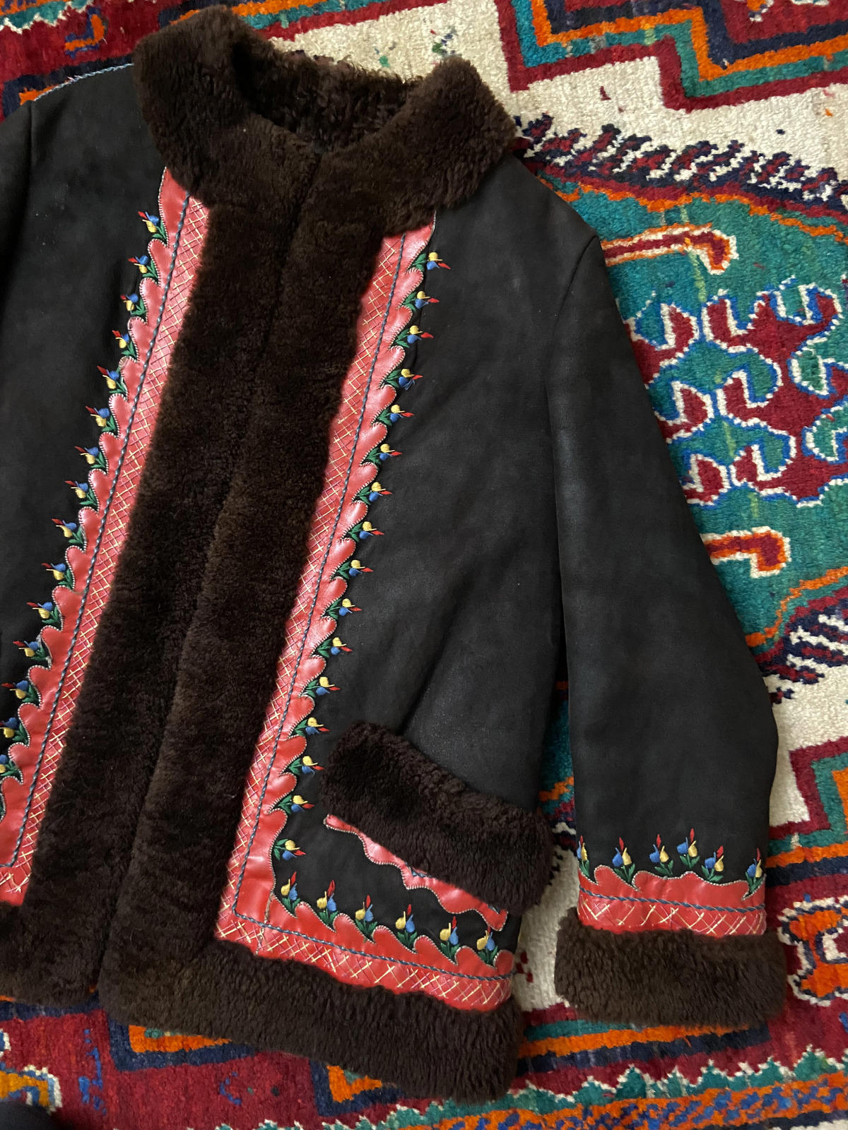 Vintage 1970s Brown Embroidered Polish Folk Coat