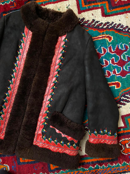Vintage 1970s Brown Embroidered Polish Folk Coat