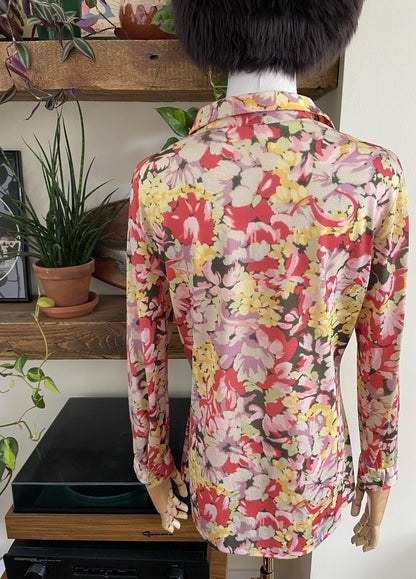 Vintage 1970s Pink Floral Print Shirt