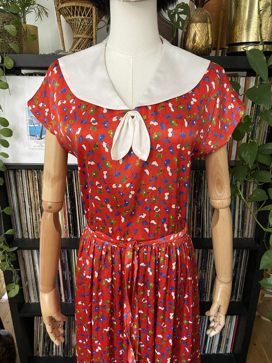 Vintage 1980s Red Floral Sailor Collar Dress