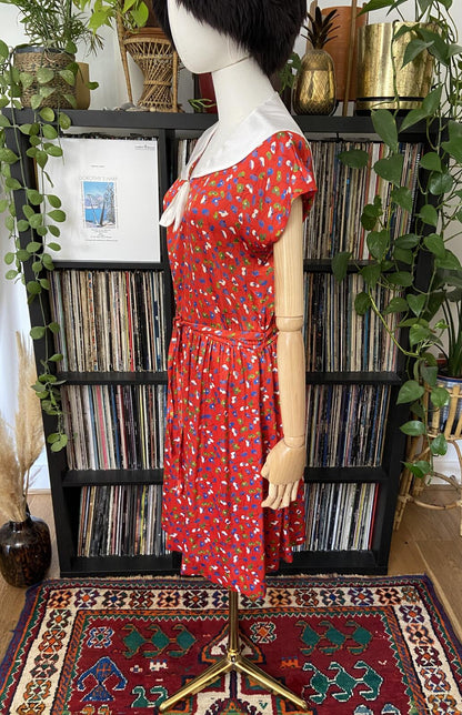 Vintage 1980s Red Floral Sailor Collar Dress