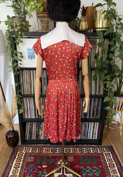 Vintage 1980s Red Floral Sailor Collar Dress