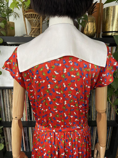 Vintage 1980s Red Floral Sailor Collar Dress
