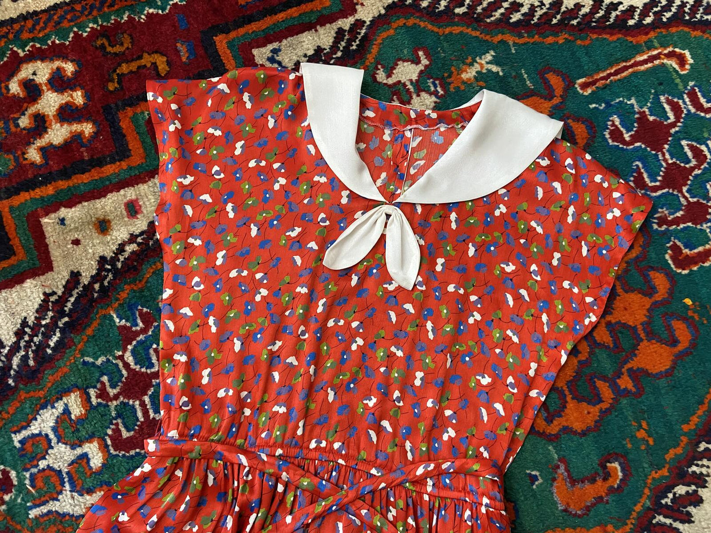 Vintage 1980s Red Floral Sailor Collar Dress
