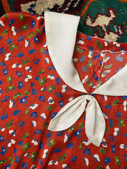 Vintage 1980s Red Floral Sailor Collar Dress