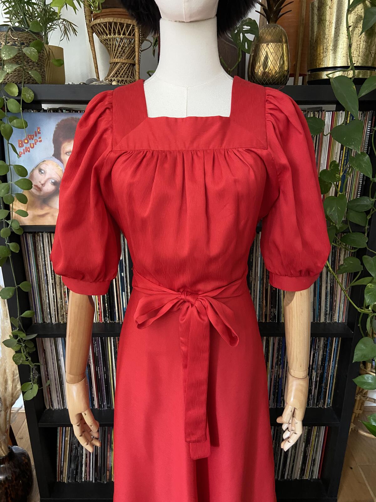 Vintage 1970s Red Square Neck Maxi Dress
