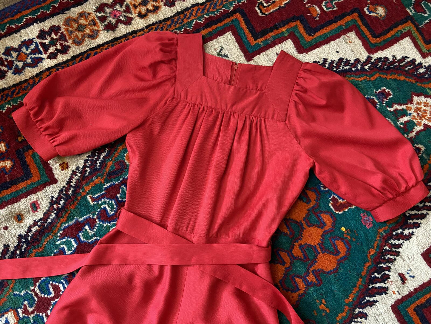 Vintage 1970s Red Square Neck Maxi Dress