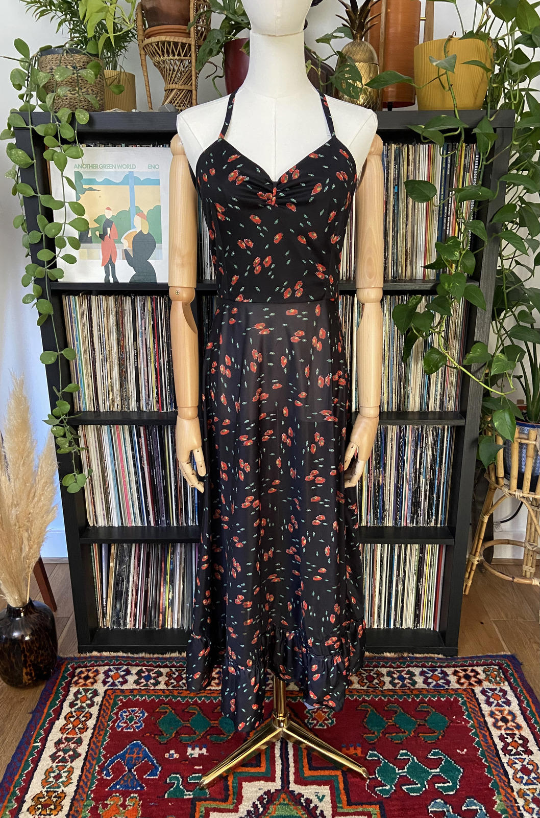Vintage 1970s Black Printed Halterneck Dress