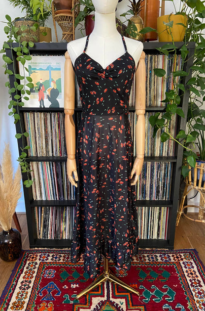 Vintage 1970s Black Printed Halterneck Dress
