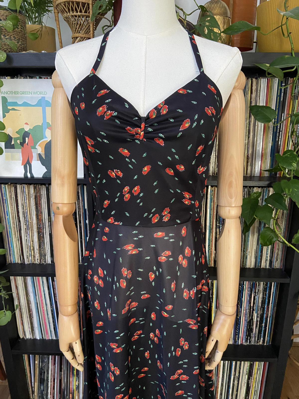 Vintage 1970s Black Printed Halterneck Dress