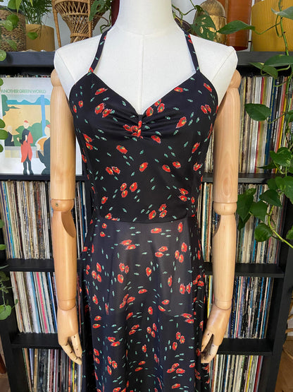 Vintage 1970s Black Printed Halterneck Dress