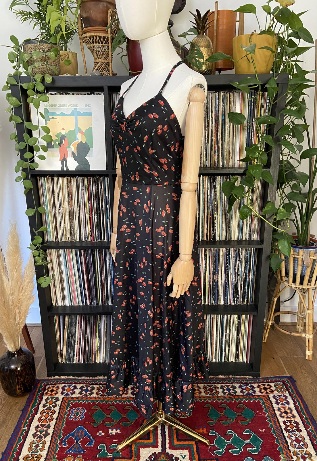 Vintage 1970s Black Printed Halterneck Dress