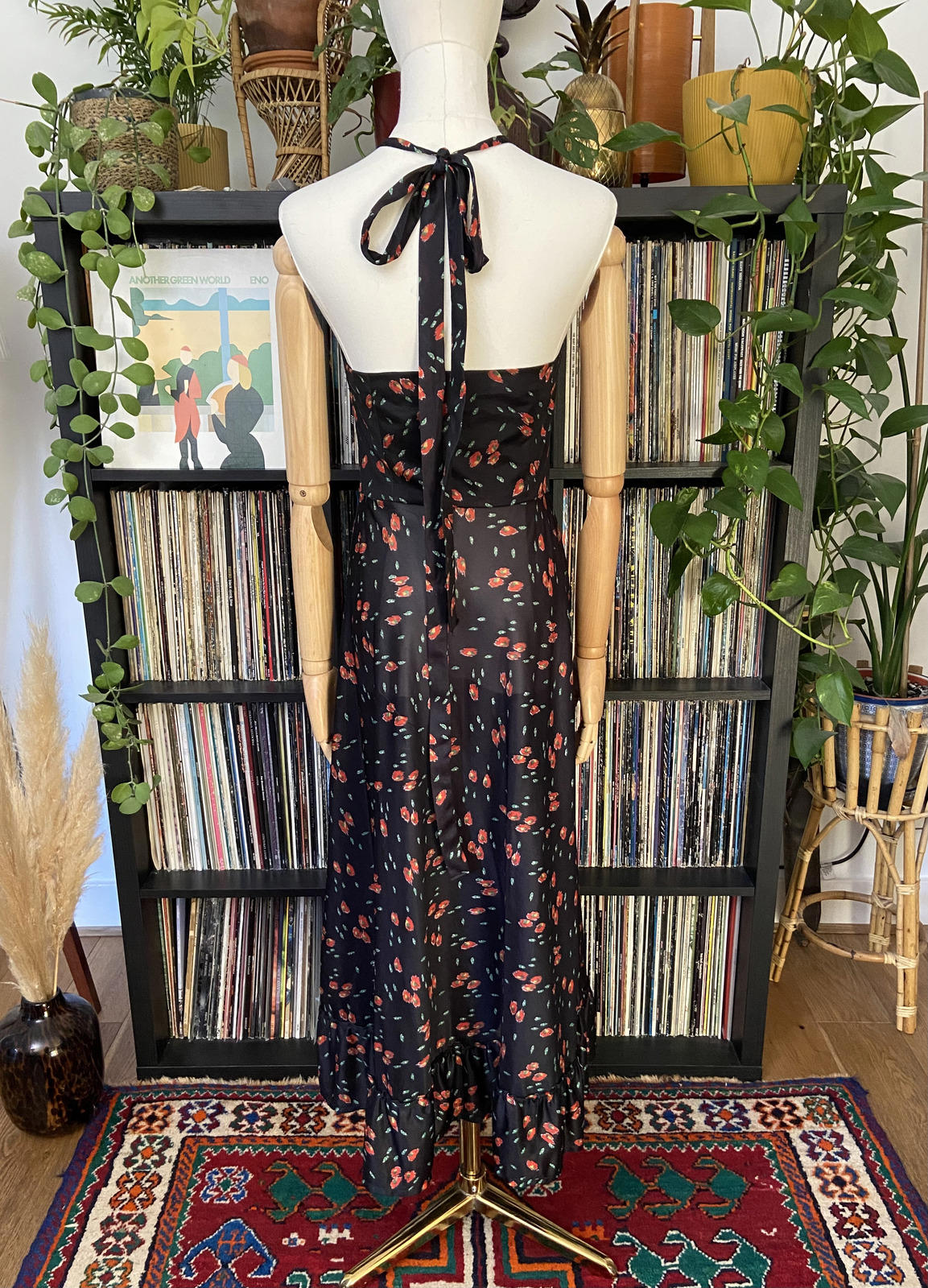 Vintage 1970s Black Printed Halterneck Dress
