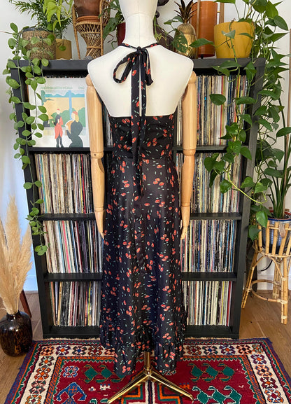 Vintage 1970s Black Printed Halterneck Dress