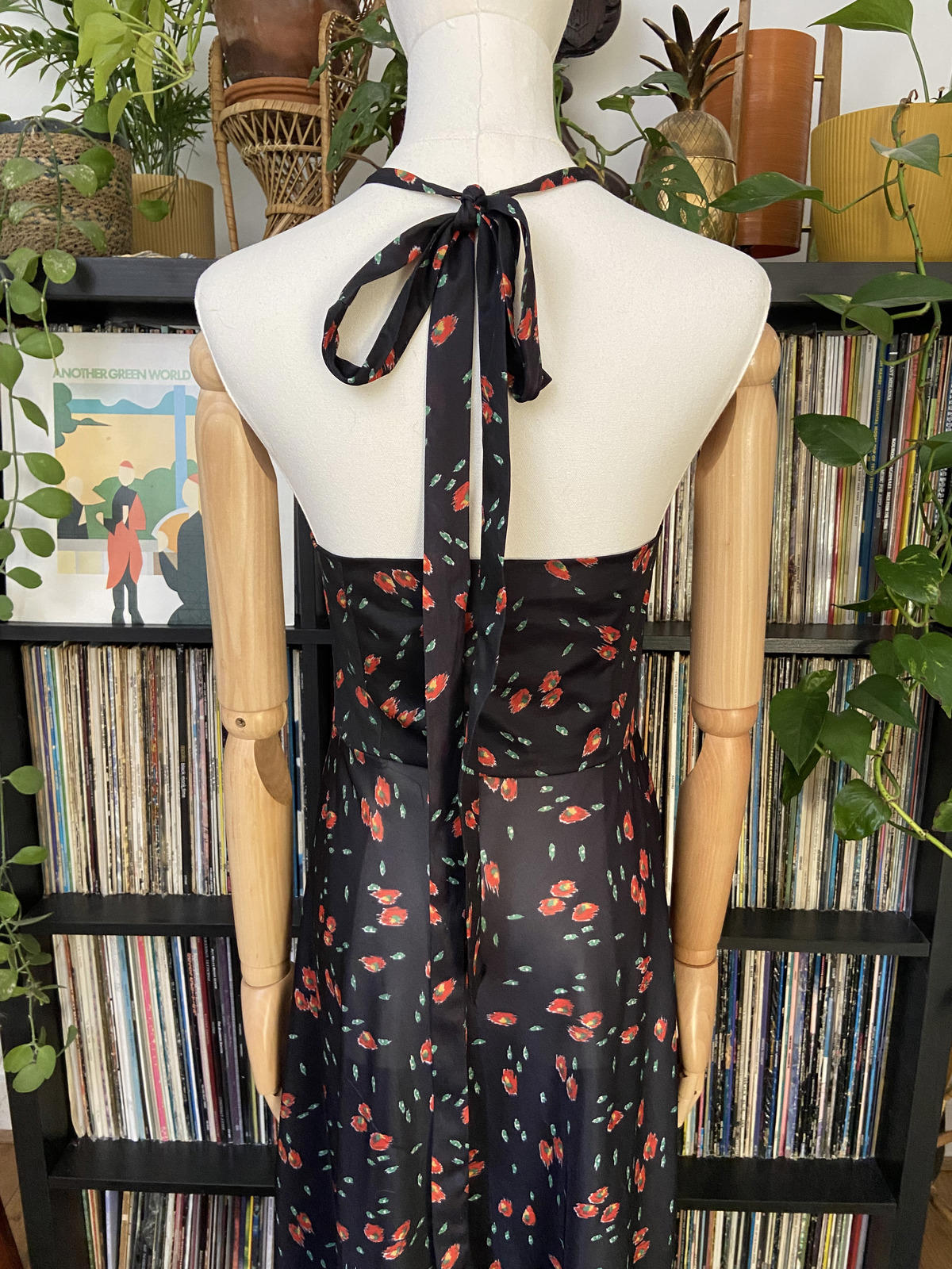 Vintage 1970s Black Printed Halterneck Dress